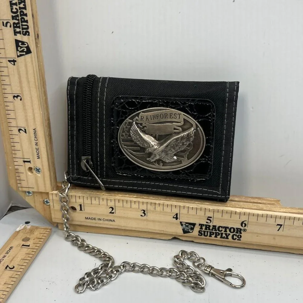 Rainforest Eagle Chain Wallet Black Trifold Nylon Biker Wallet ID Window Zip